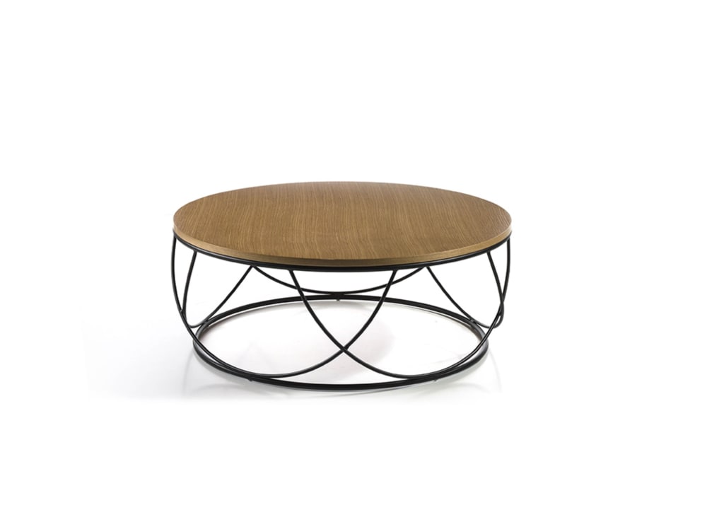 Mesa de centro de diseño con chapa de madera. Ø 80 × 30 cm