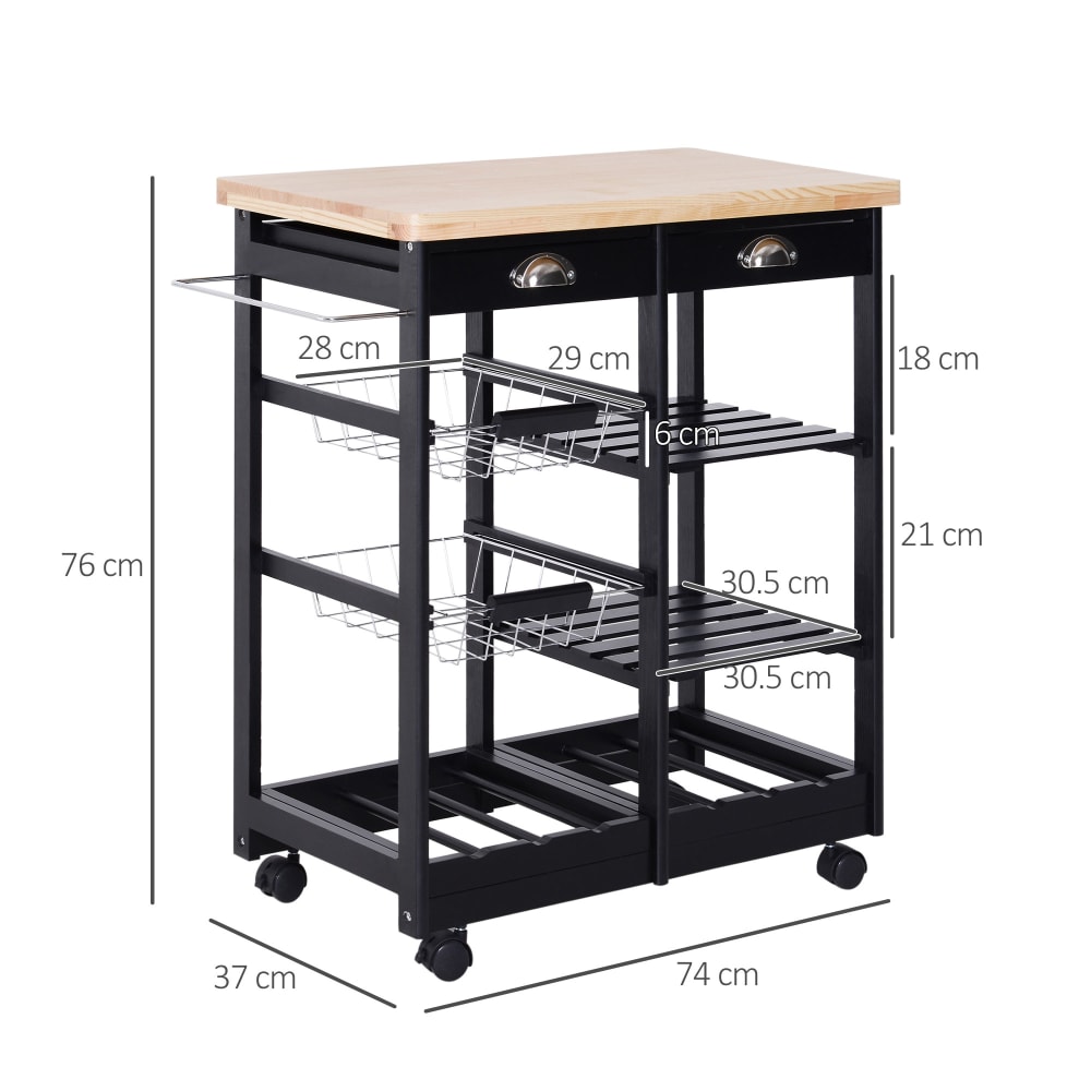 Carrello da cucina multiuso 74x37x75cm in legno di pino nero -