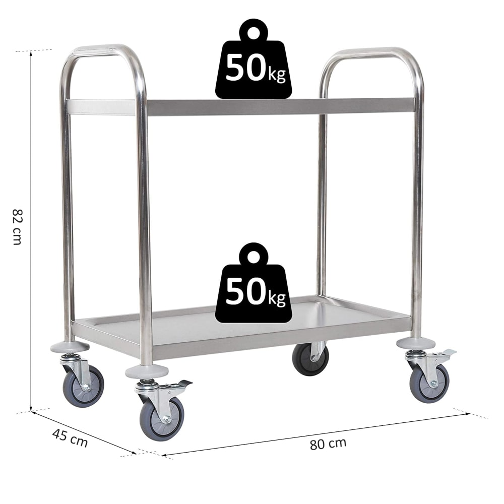 Carrello da cucina 2 ripiani con ruote in acciaio inox argento -