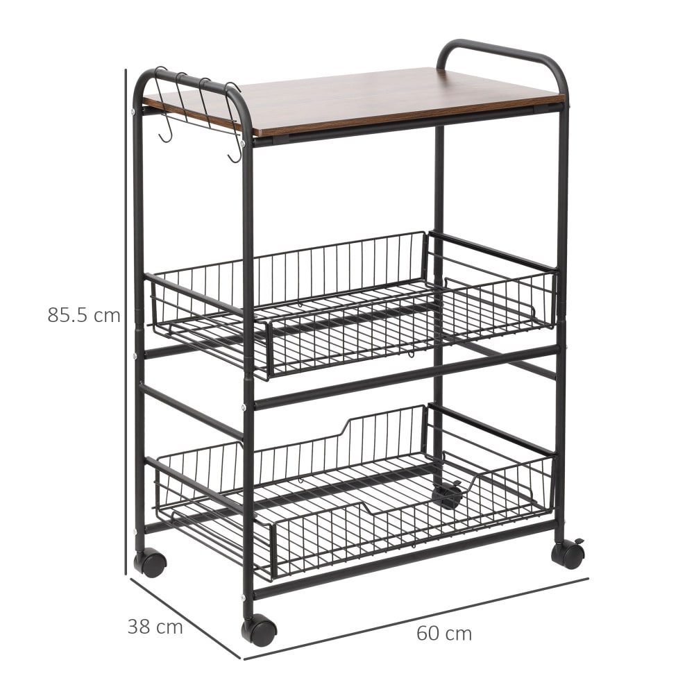 Carrello da cucina stile industriale 4 ruote 2 cestini 4 ganci -