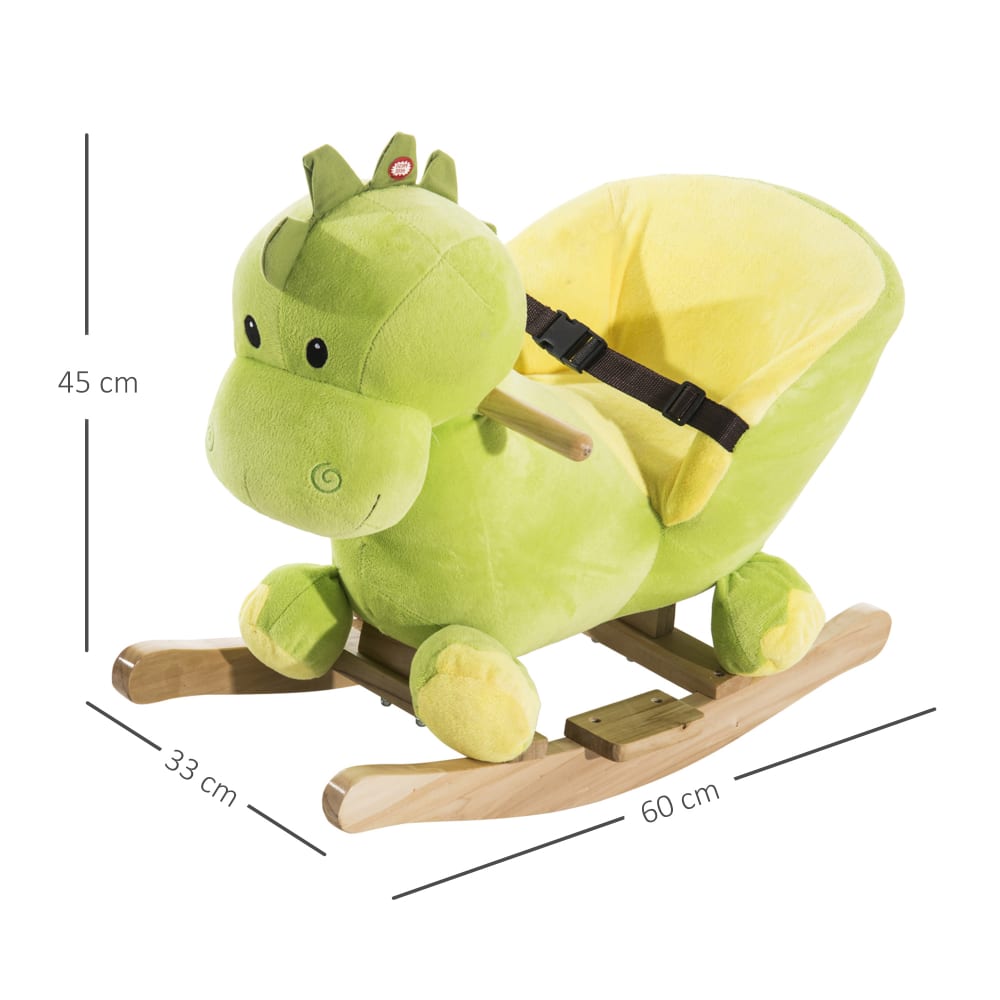 Cavallo a dondolo drago per i bambini in legno verde e giallo -