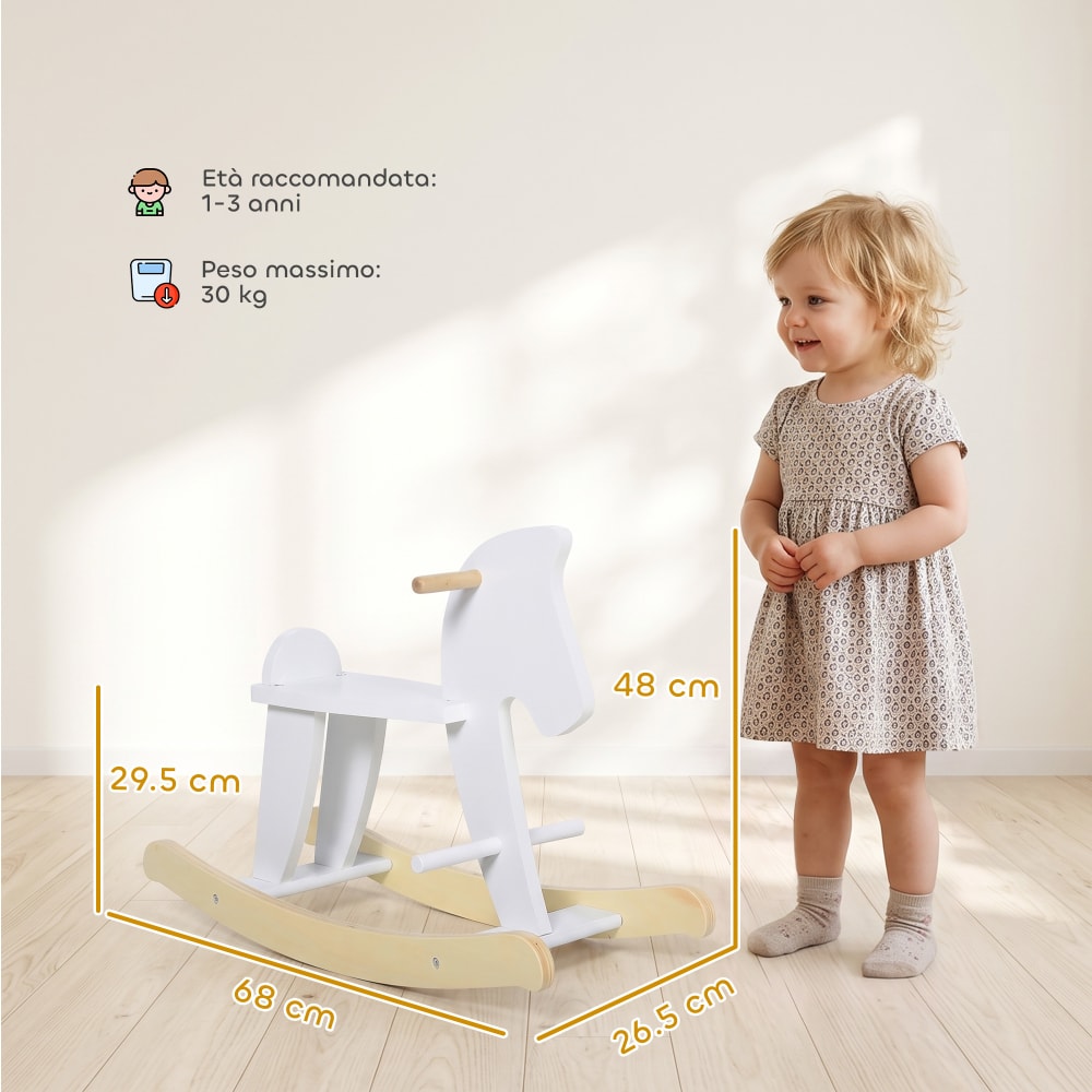 Cavallo a dondolo classico in legno bambini da 1-3 anni bianco -