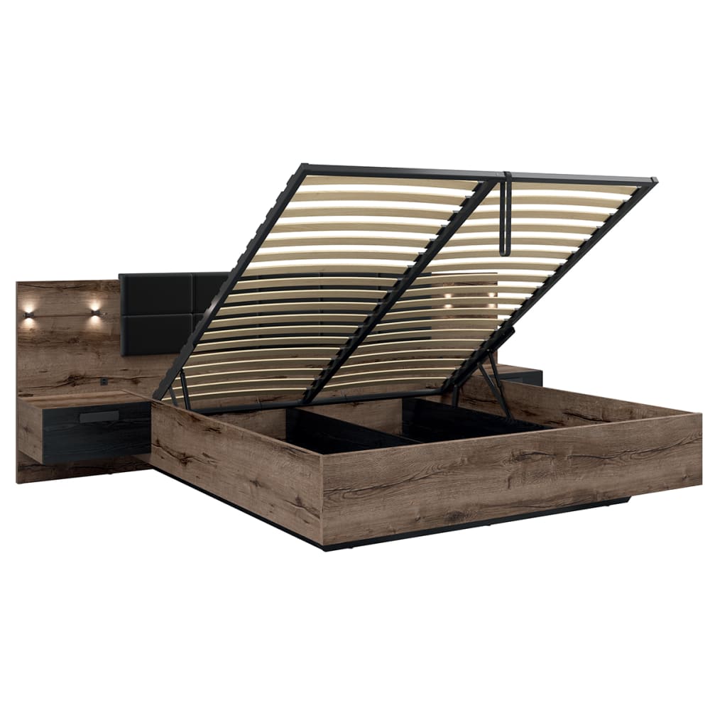 Lit coffre 180x200 sommier chevet led et prise usb inclus naturel