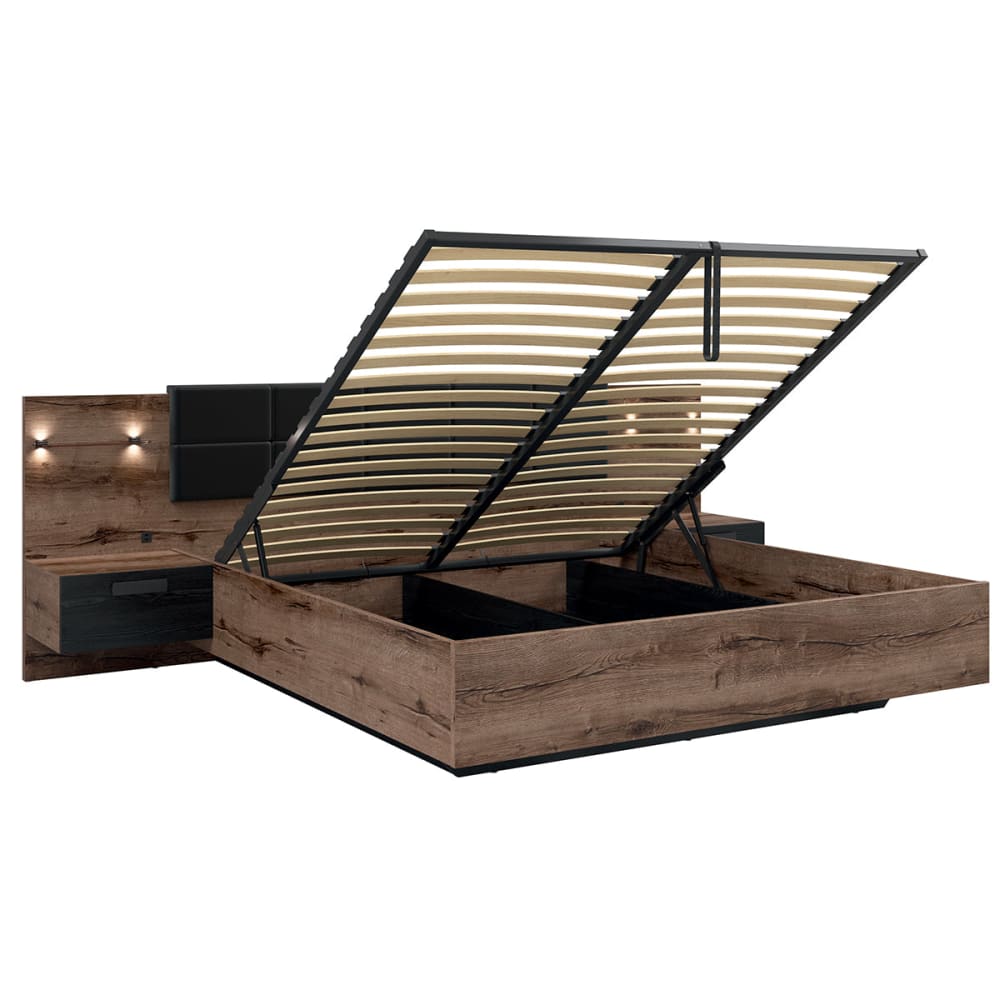 Lit coffre 180x200 sommier chevet led panneaux particules noir