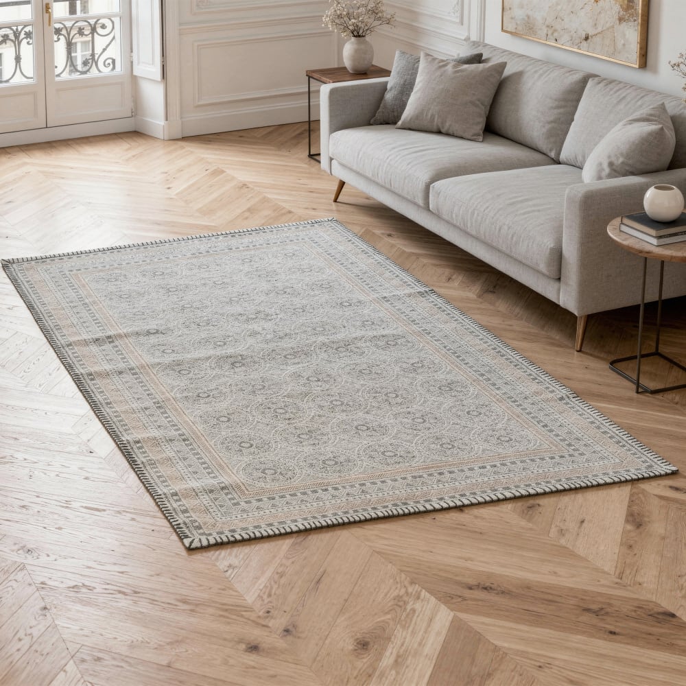 Tappeto in cotone block print panna e carbone 140 x 200 cm -