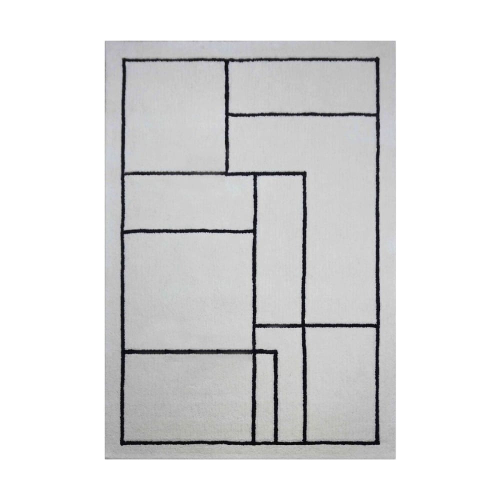 Tapis en laine écru à motifs noirs tissé main 140 x 200 cm