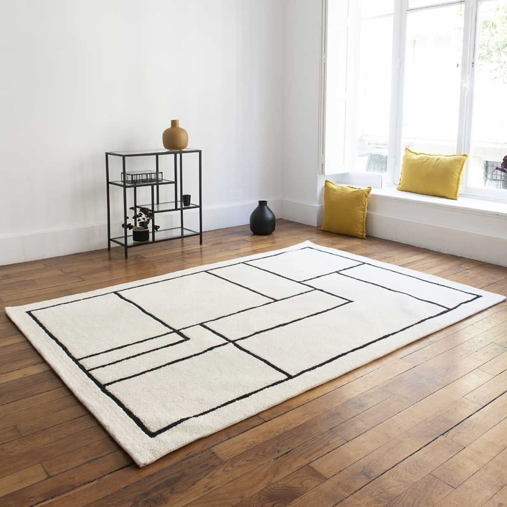 Tapis en laine écru à motifs noirs tissé main 140 x 200 cm — vue 3