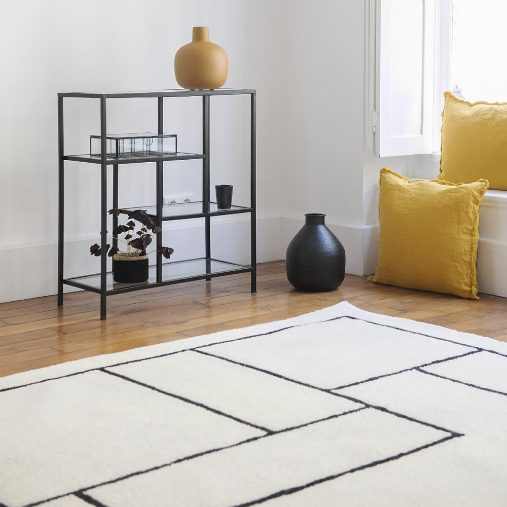 Tapis en laine écru à motifs noirs tissé main 140 x 200 cm — vue 4
