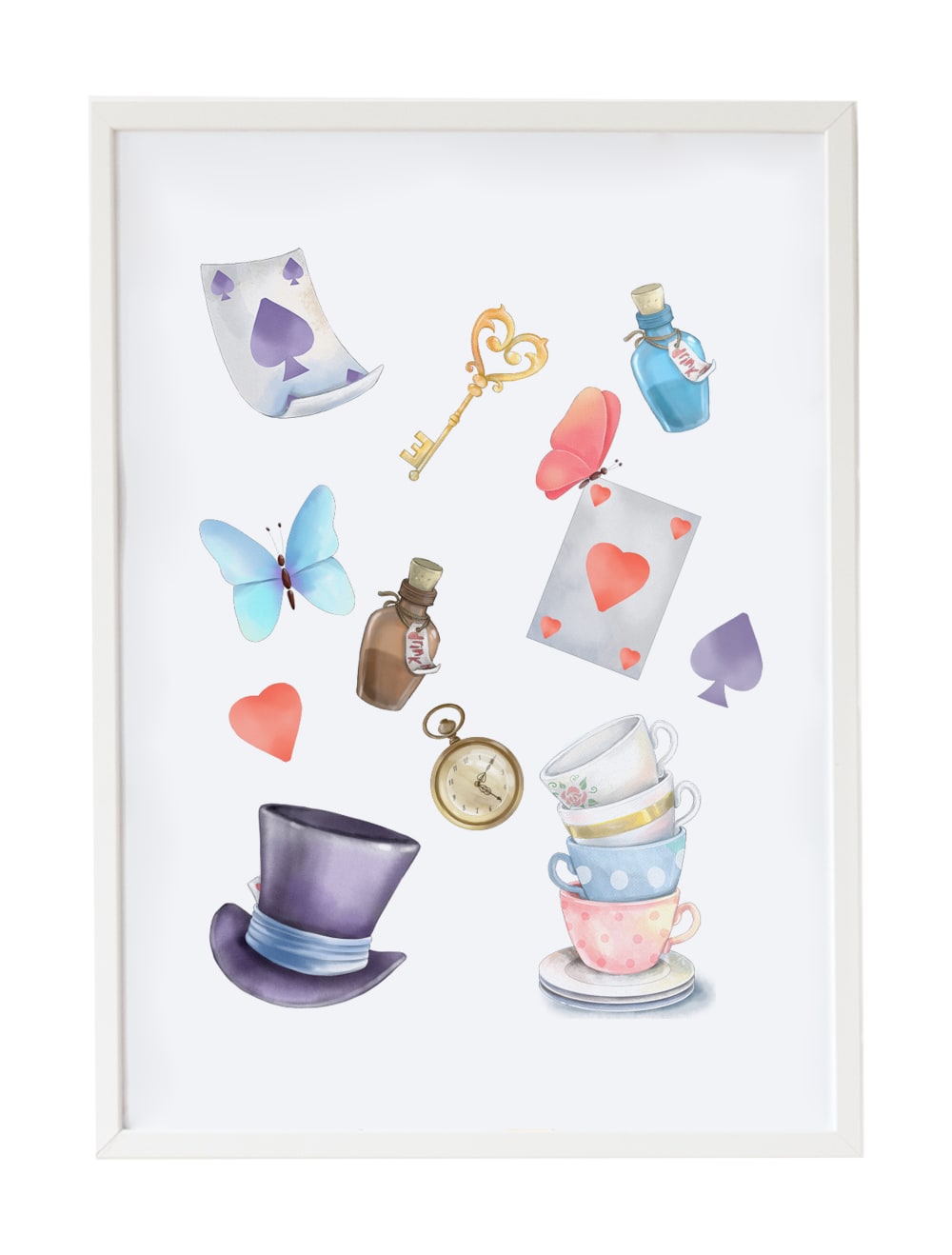 Impression objets Alice encadrée en bois blanc 43X33 cm