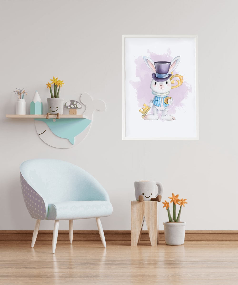 Stampa coniglio con chiave in legno bianca incorniciata 43X33 cm