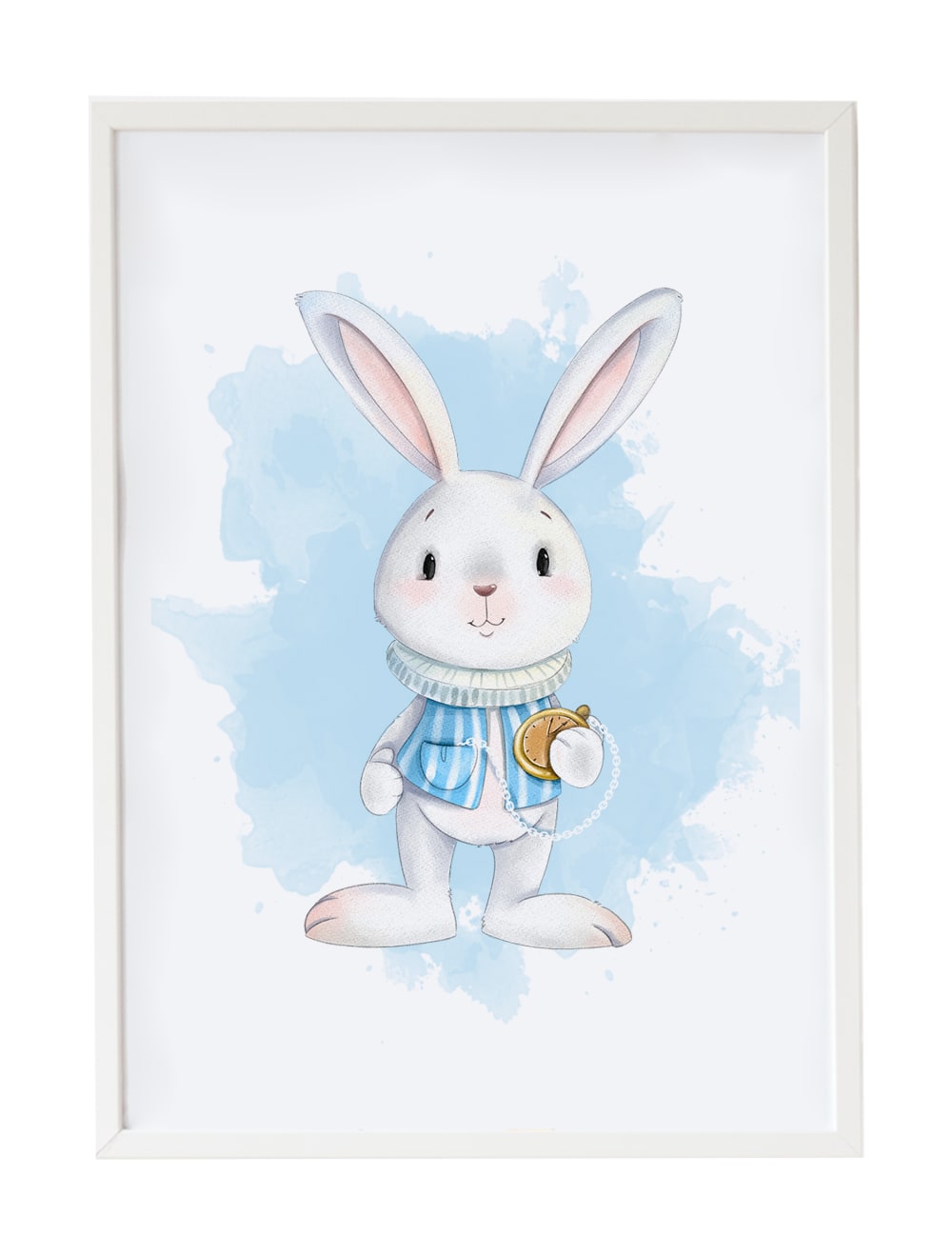 Impression lapin horloge encadrée en bois blanc 43X33 cm