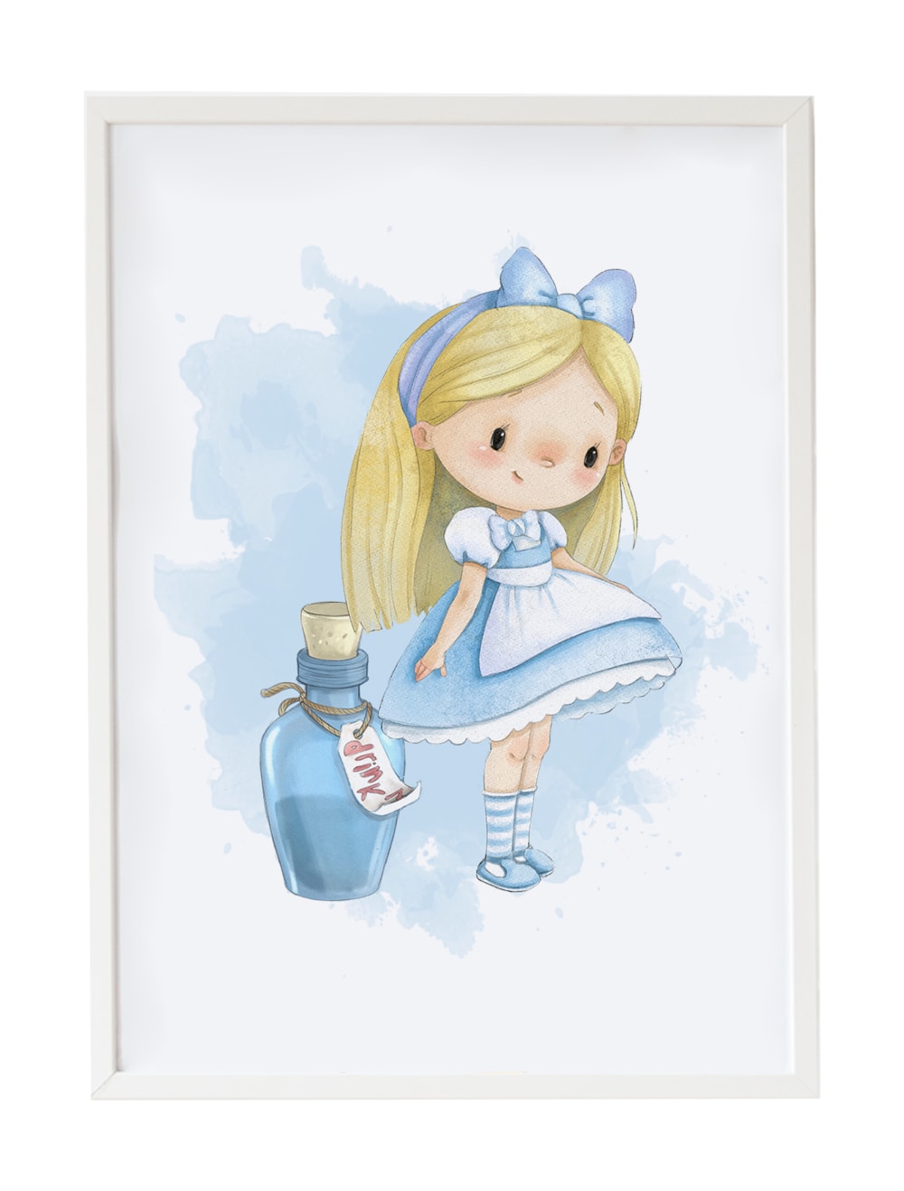 Impression Alice avec la potion bleu encadrée en bois blanc 43X33 cm