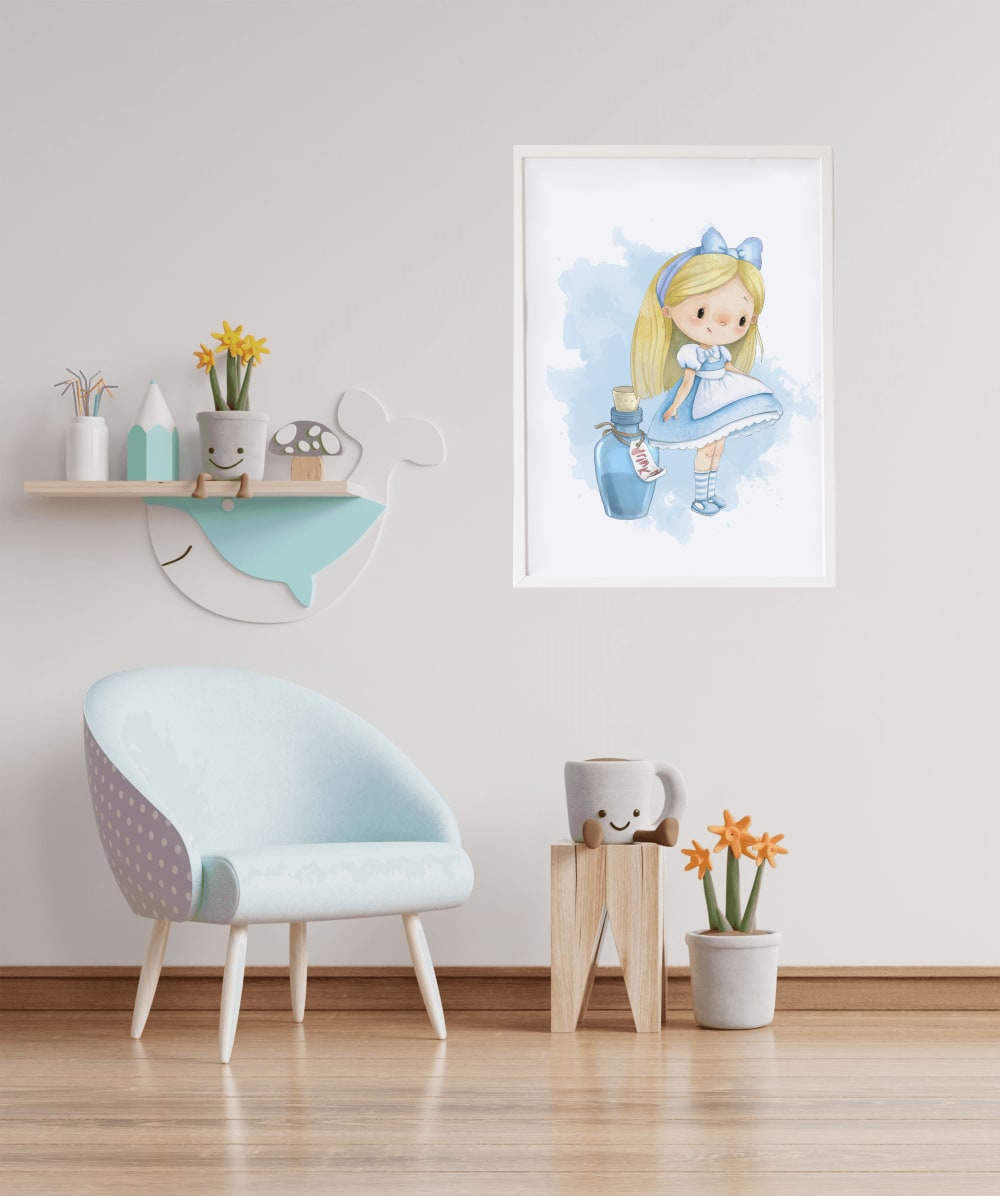 Stampa della pozione di Alice incorniciata in legno bianco 43X33