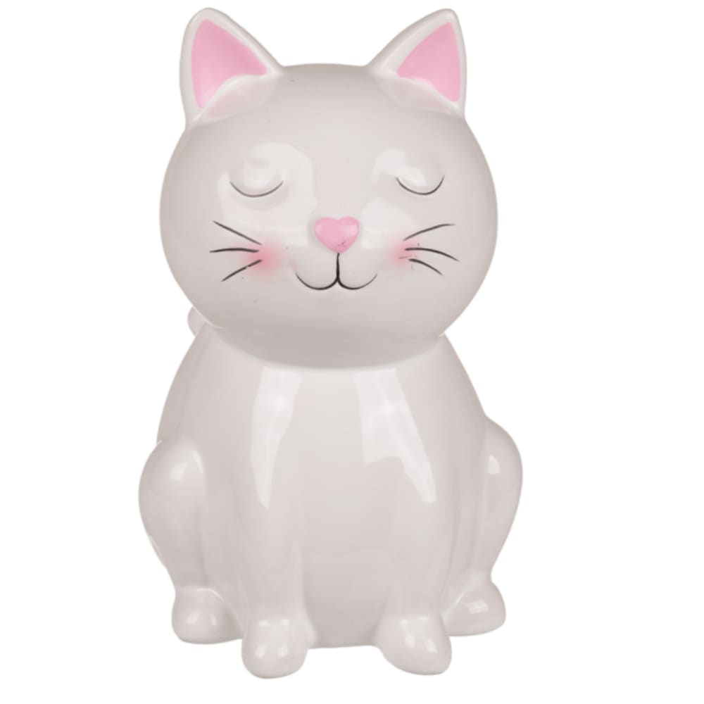 OUT OF THE BLUE Tirelire Chat blanc 15 cm Céramique Serrure à clef au dessous Hauteur 15.5 cm - Largeur 9.5 cm - Profondeur 10 cm
