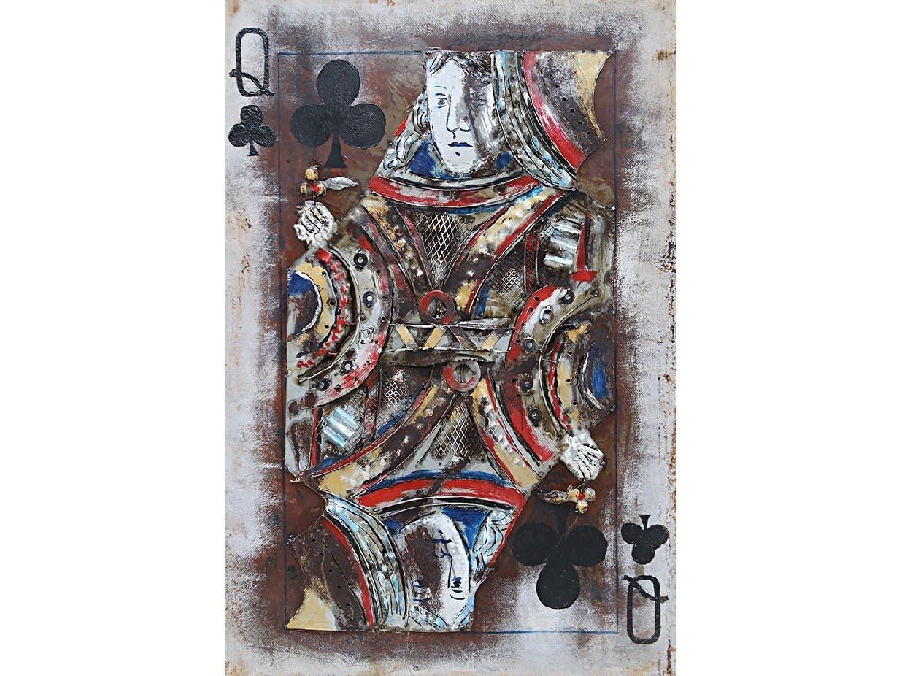 Tableau relief en métal carte dame de trefle 120x80