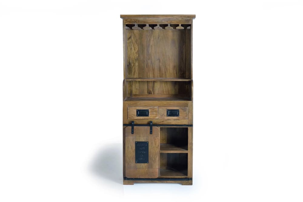 GINER Y COLOMER Flaschenschrank mit 1 Schiebetür und 2 Schubladen aus Mangoholz. Artikelmaße: 170cm Höhe -75cm Länge - 38cm. Artikelgewicht: 41kg.