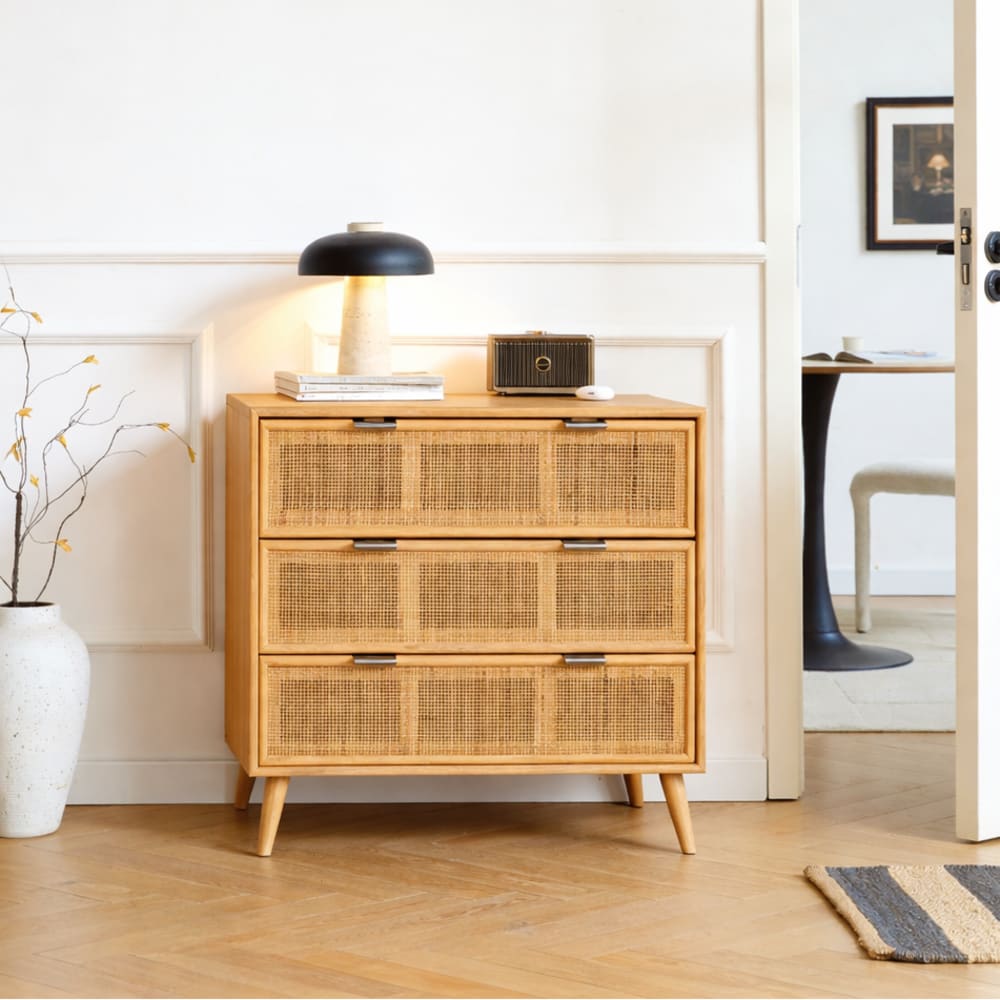 Nordlys Massivholzkommode 3 Schubladen aus Rattan style exotic Braun Rattan