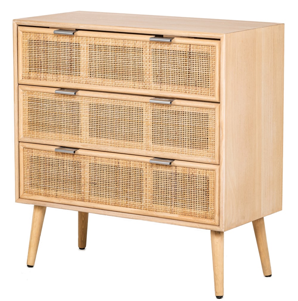Commode 3 tiroirs en bois et rotin naturel
