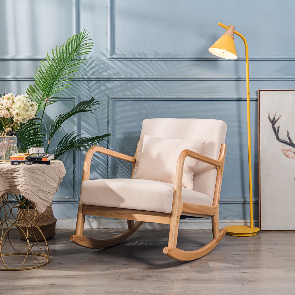 Rocking chair en bois massif et tissu beige