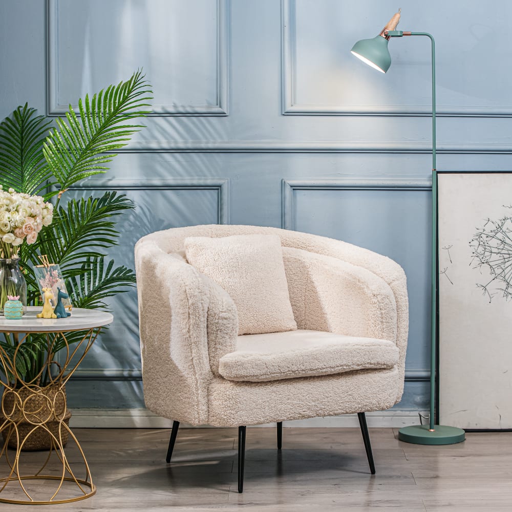 Fauteuil de salon en métal et bouclette blanche