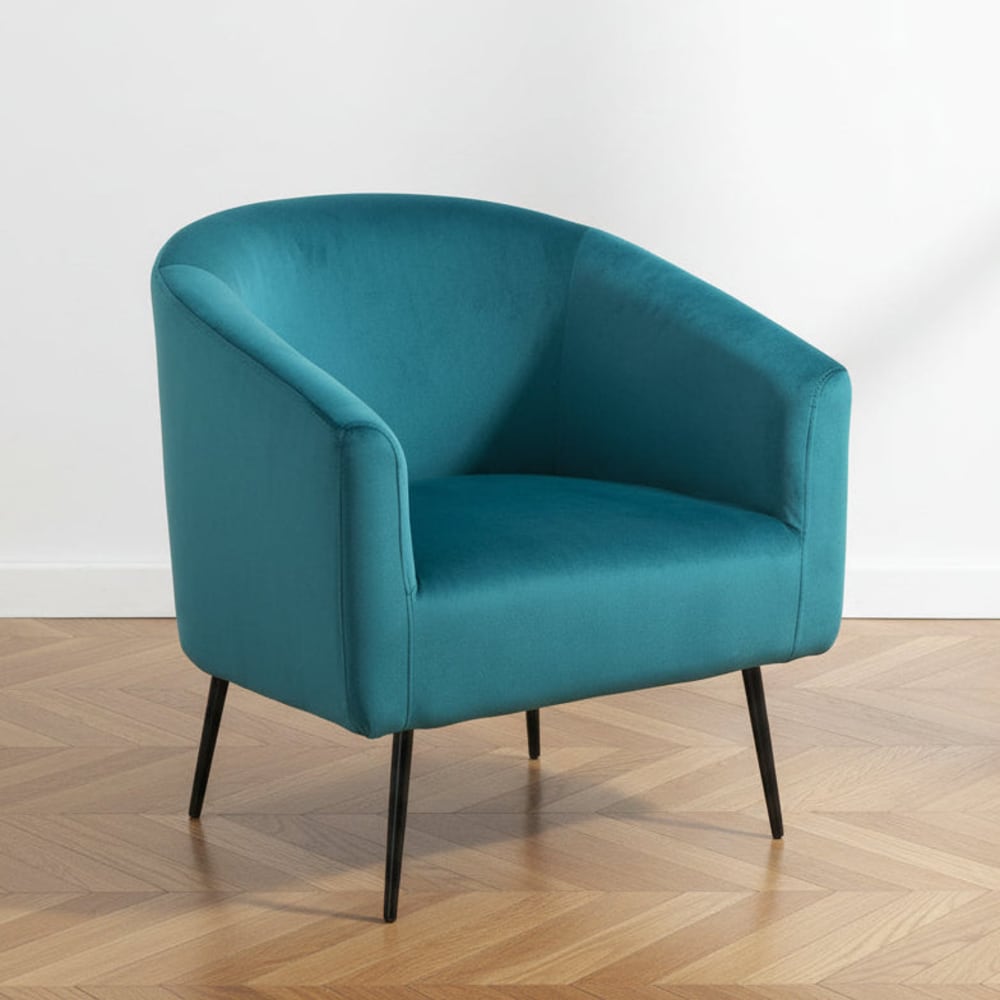 Sillón escandinavo 1 plaza en terciopelo con patas de acero azul