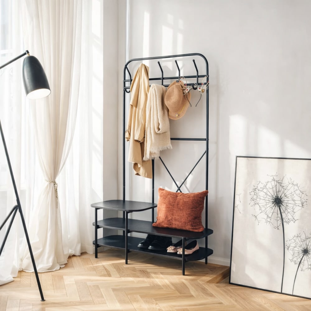 Nordlys Industrielle Flurgarderobe aus Metall und Holz Schwarz style industrial Schwarz Metall