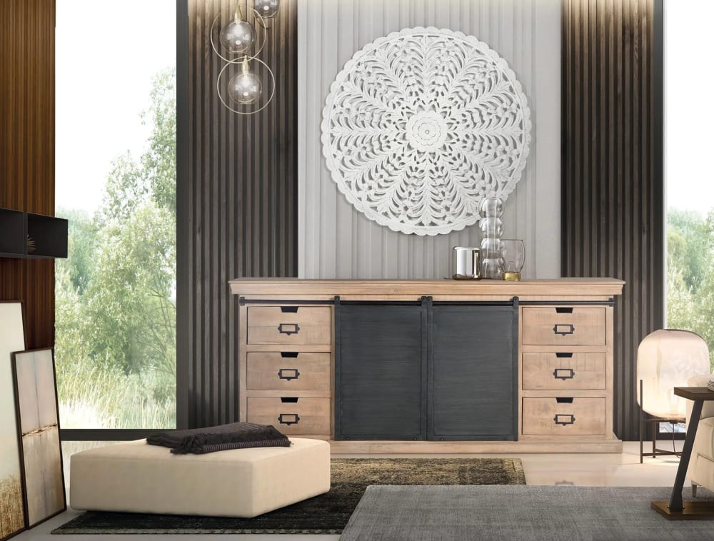 Buffet à 6 tiroirs et 2 portes en manguier et métal