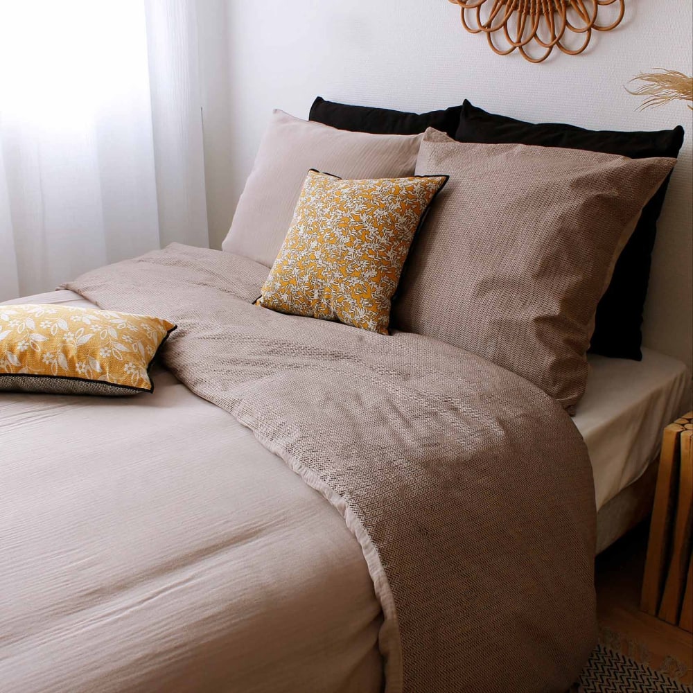 Home Maison Parure de lit 2 places gypsy style contemporain Beige Certifié Oeko-Tex Coton