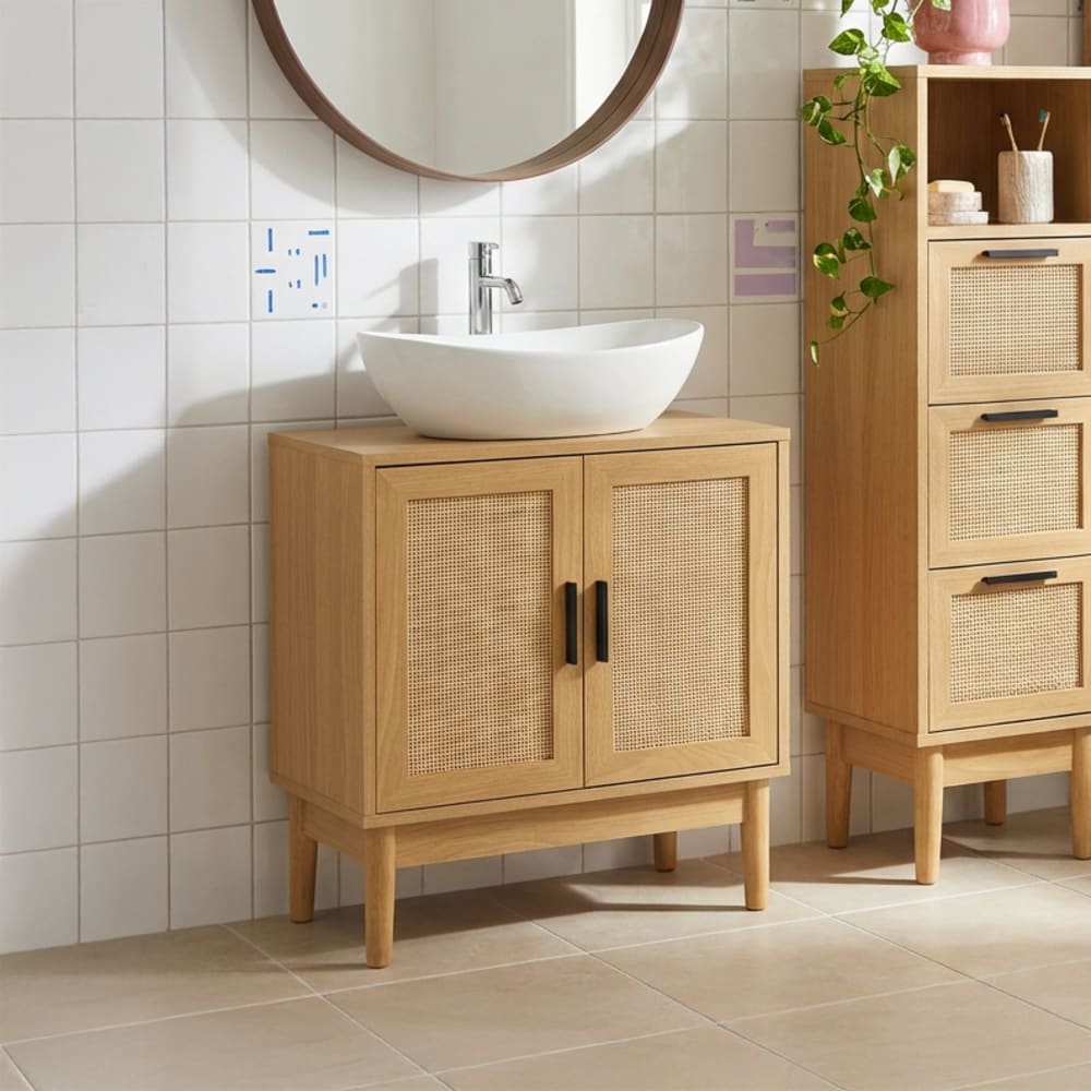 Meuble sous vasque  effet chêne et cannage rotin l60cm