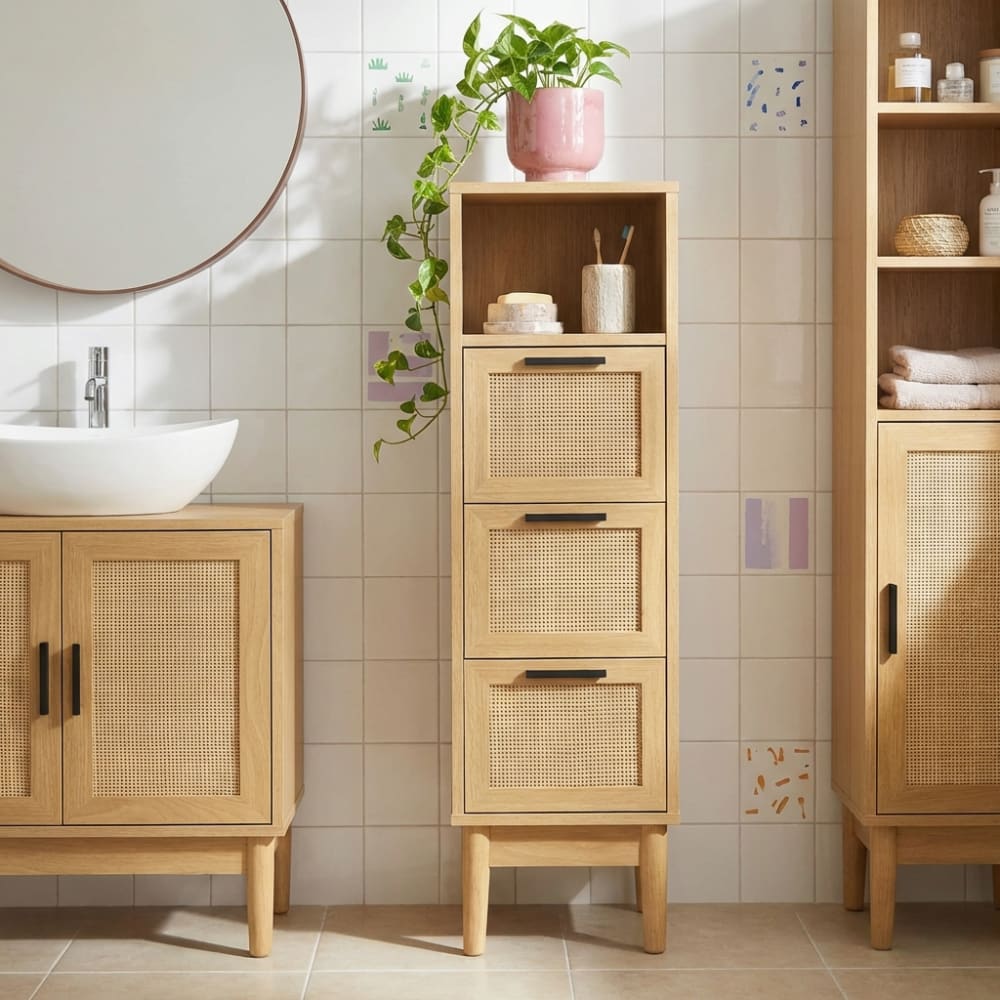 Demi colonne  effet chêne et cannage rotin l30cm
