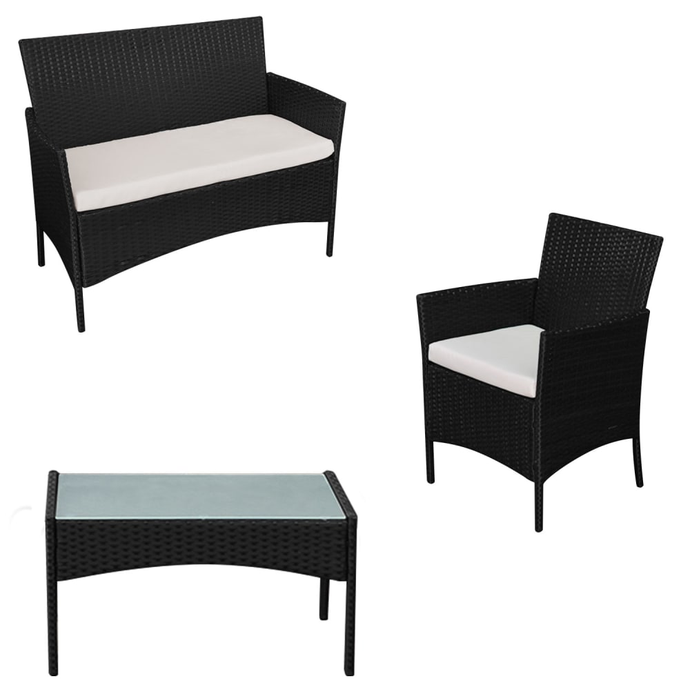 Set da giardino 4 posti resina intrecciata nera con tessuto beige