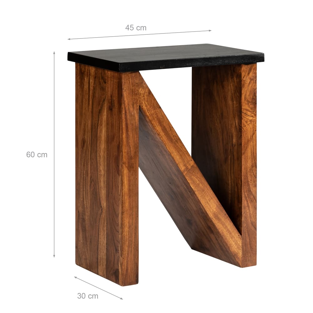 Tavolino laterale 45x30x60cm in legno massiccio di acacia a forma