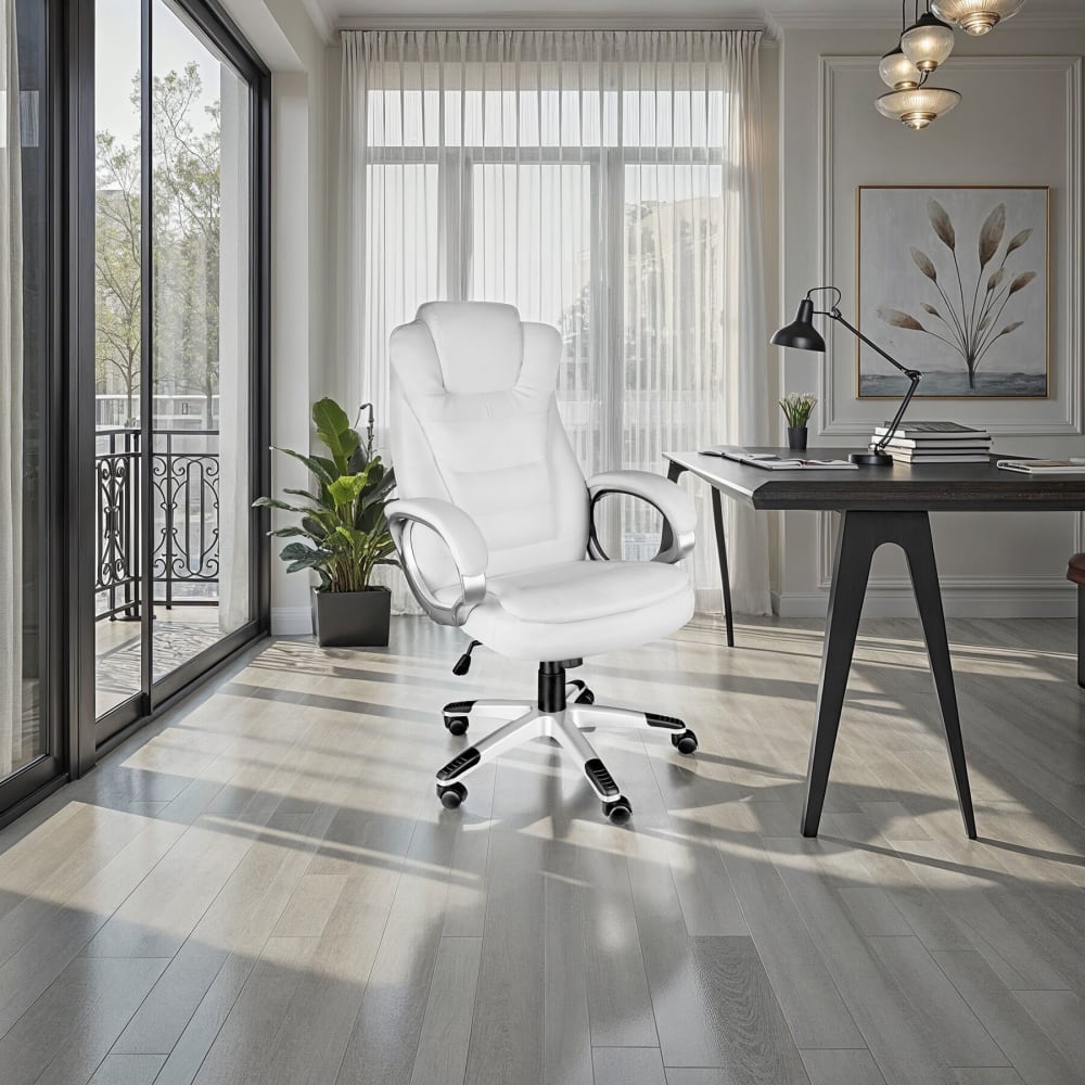 Fauteuil de bureau rotatif à 360° et réglable en synthétique blanc