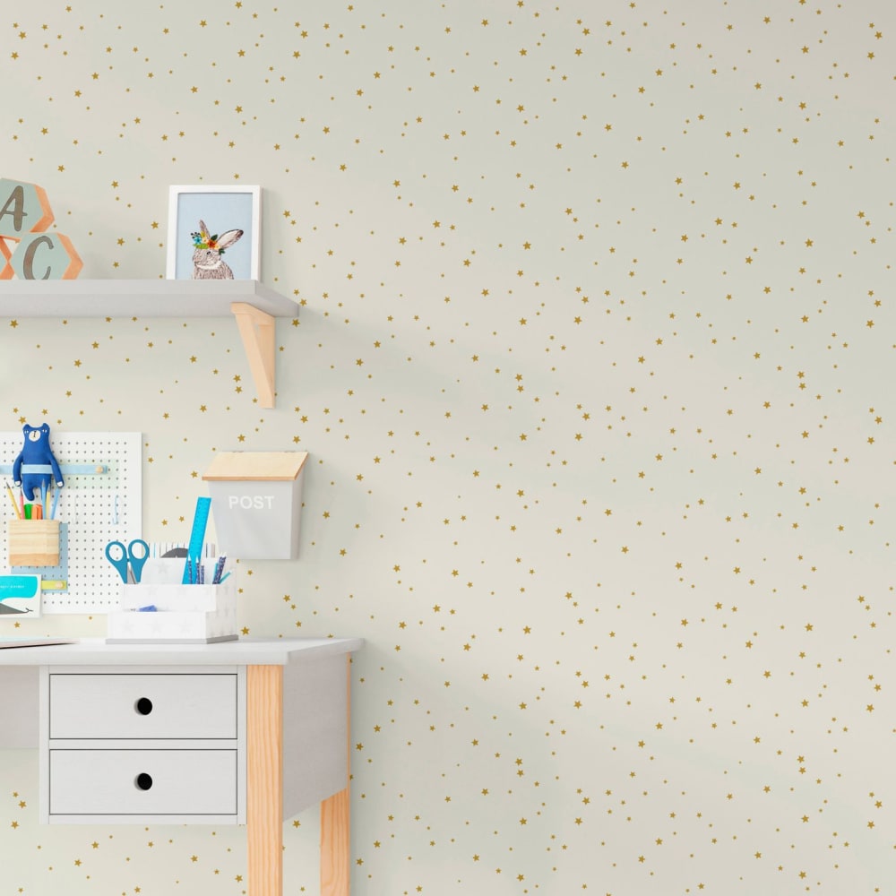 Papel pintado no tejido estampado mini estrellas oro. 53cmx10m