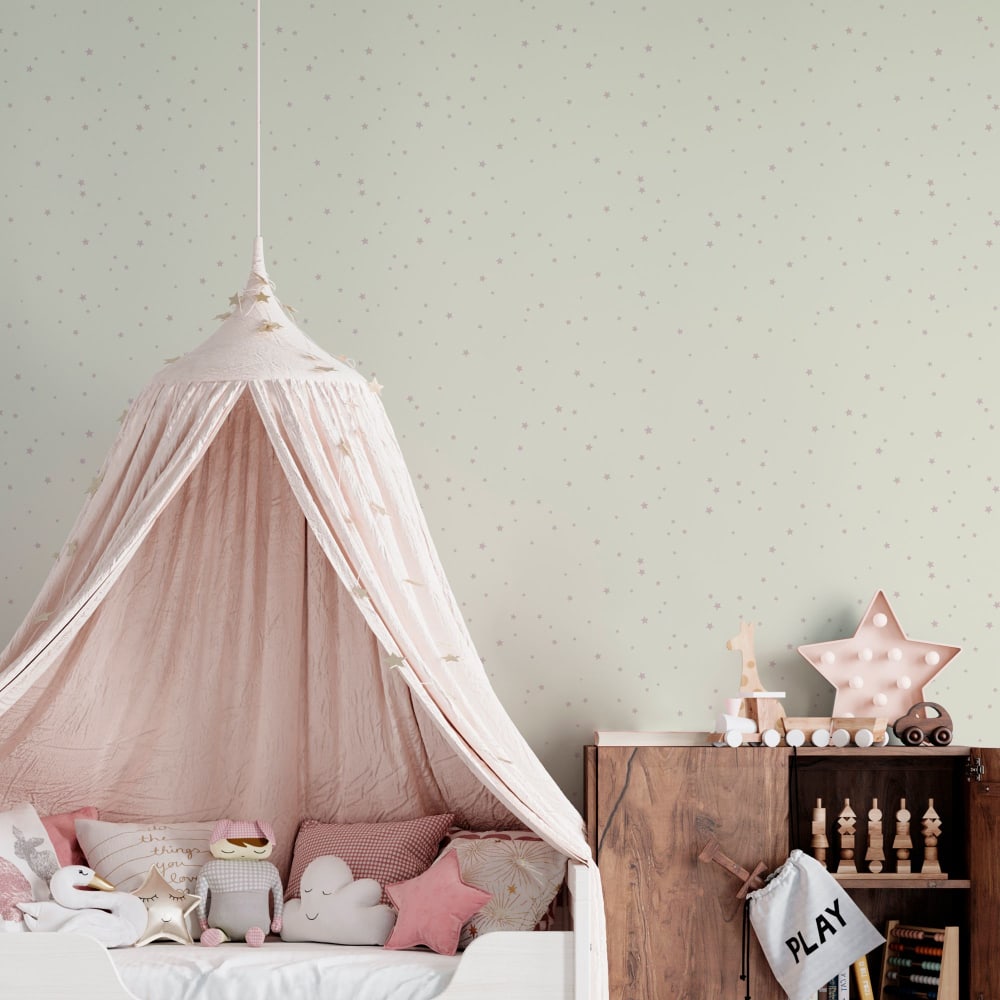 Papel pintado no tejido estampado mini estrellas rosa. 53cmx10m