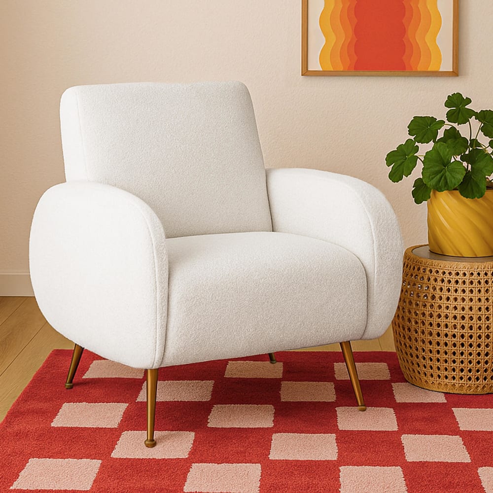 Fauteuil vintage en tissu bouclette blanc