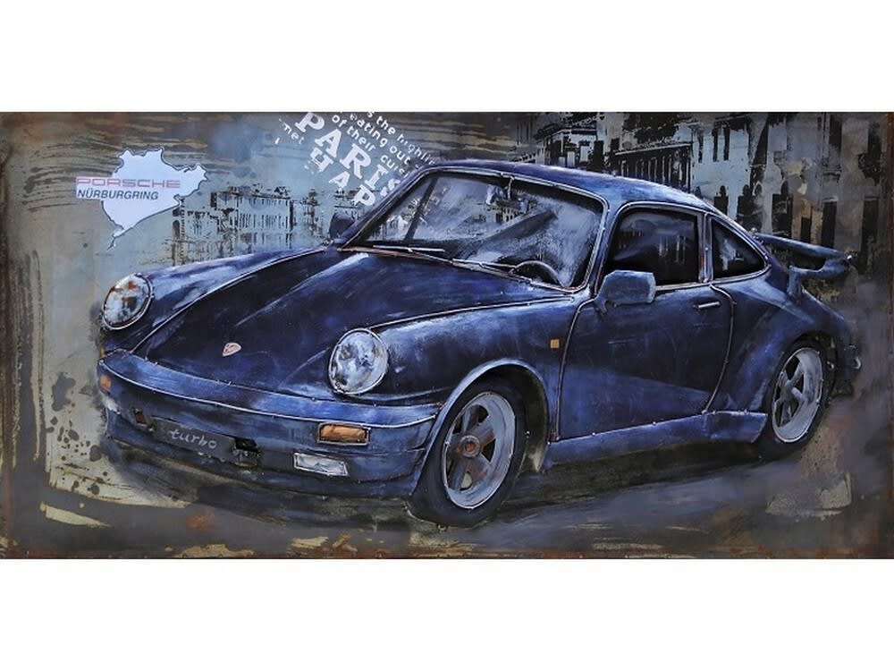 Tableau relief en métal porsche bleue 120x60