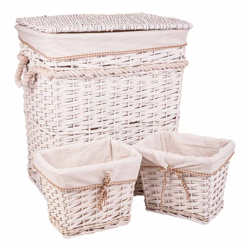Set cesto de ropa y dos cestos de mimbre forrados blancos