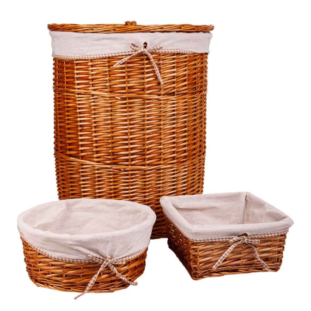 Set cesto de ropa y dos cestos de mimbre forrados marrones
