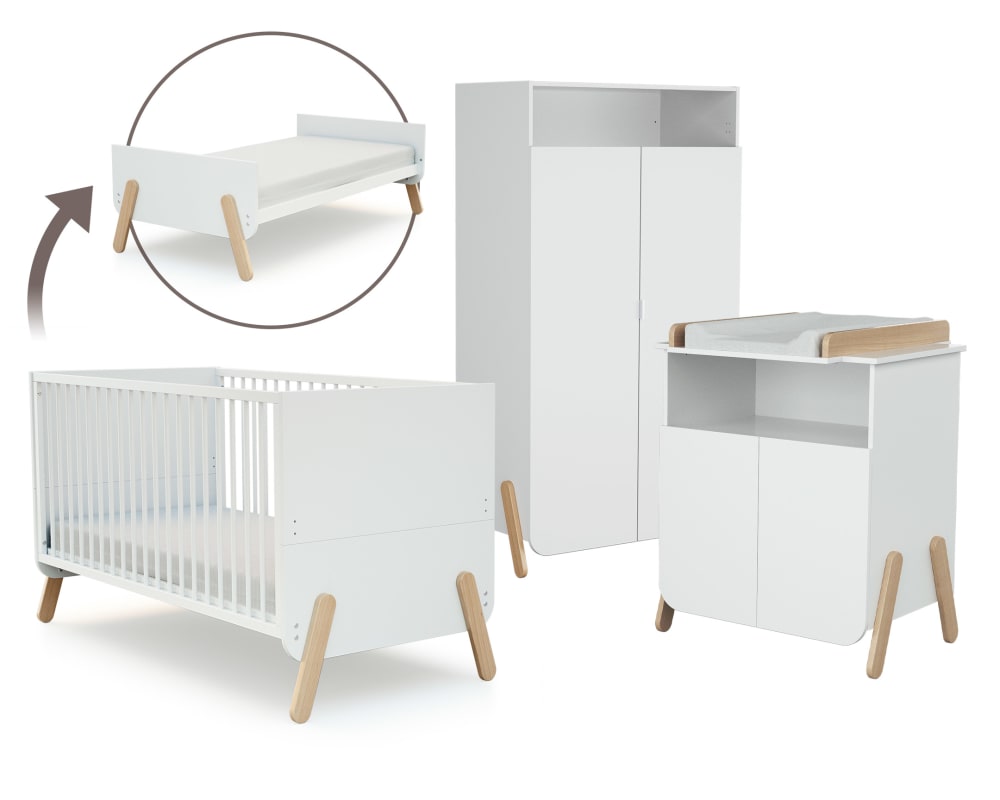 AT4 BabyzBett, Wickelkommode und Schrank Holz Weiß/Buche Lackiert 70 x 140 style modern Weiß Spanplatte