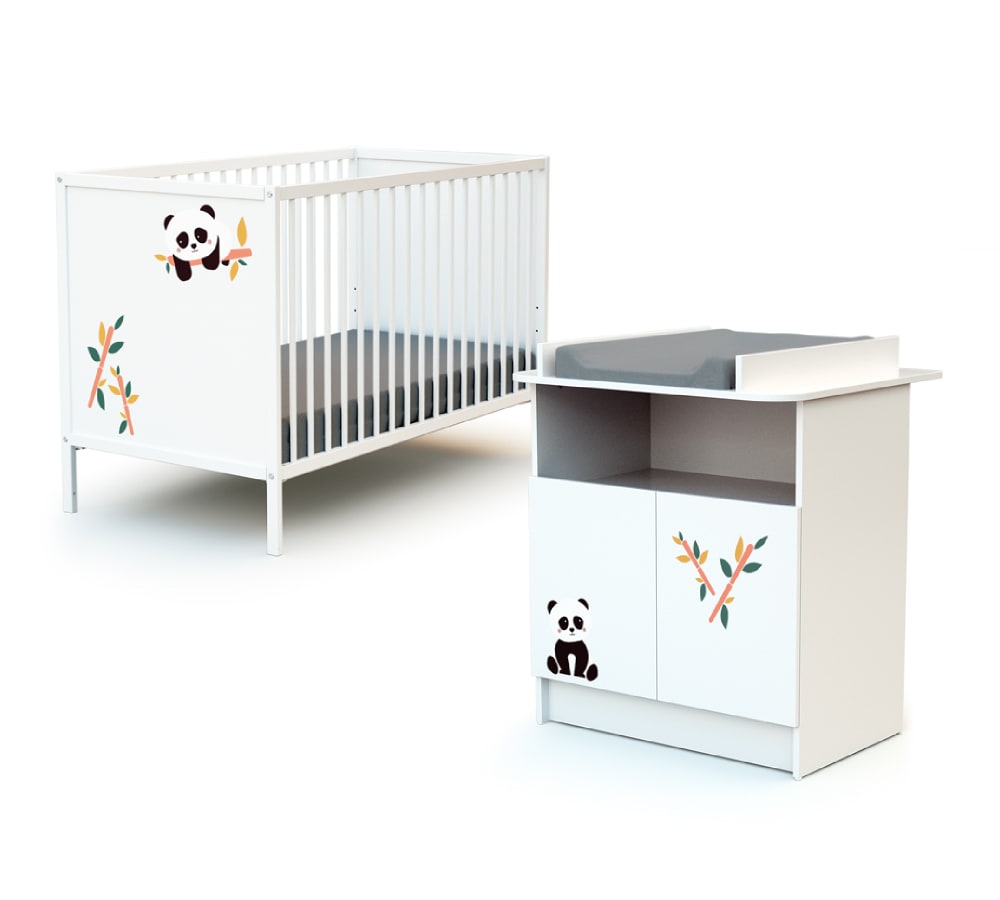 Chambre bébé lit et commode à langer en bois Panda Blanc ALBA