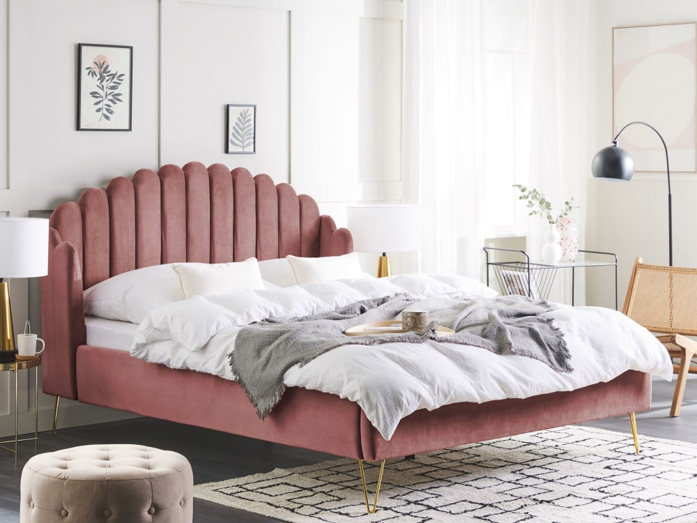 Lit double en tissu rose 160x200