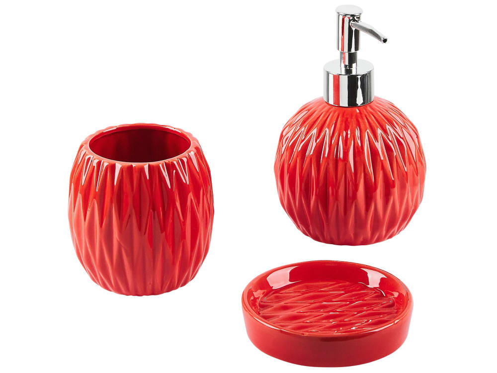 Lot de 3 accessoires de salle de bains en céramique rouge