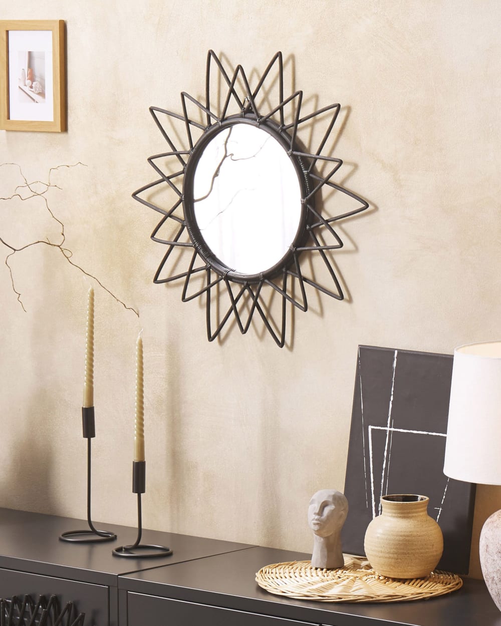Beliani Wandspiegel aus Rattan 61 x 61, schwarz style landhaus - Rattan