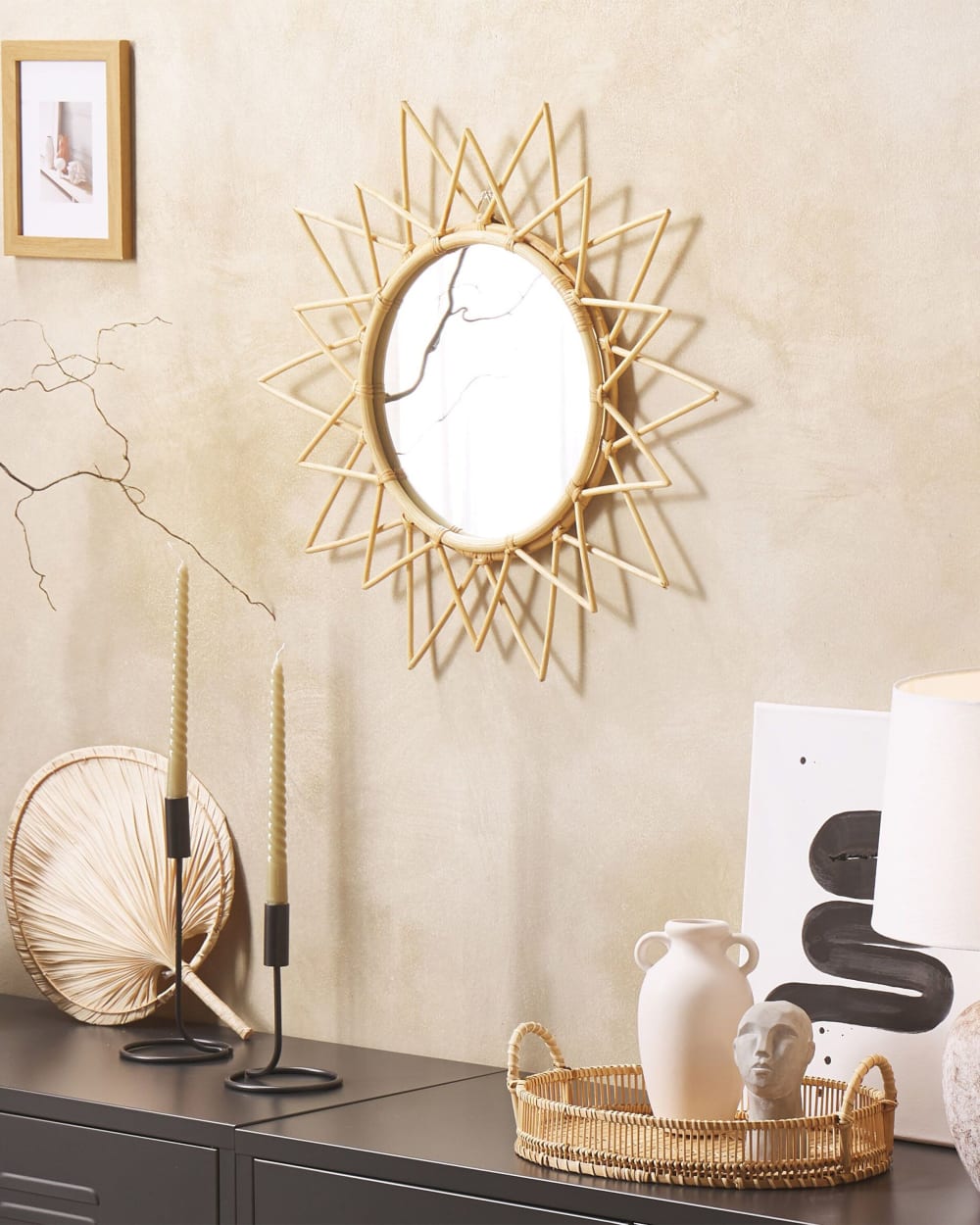 Beliani Wandspiegel aus Rattan 61 x 61, braun style landhaus - Rattan