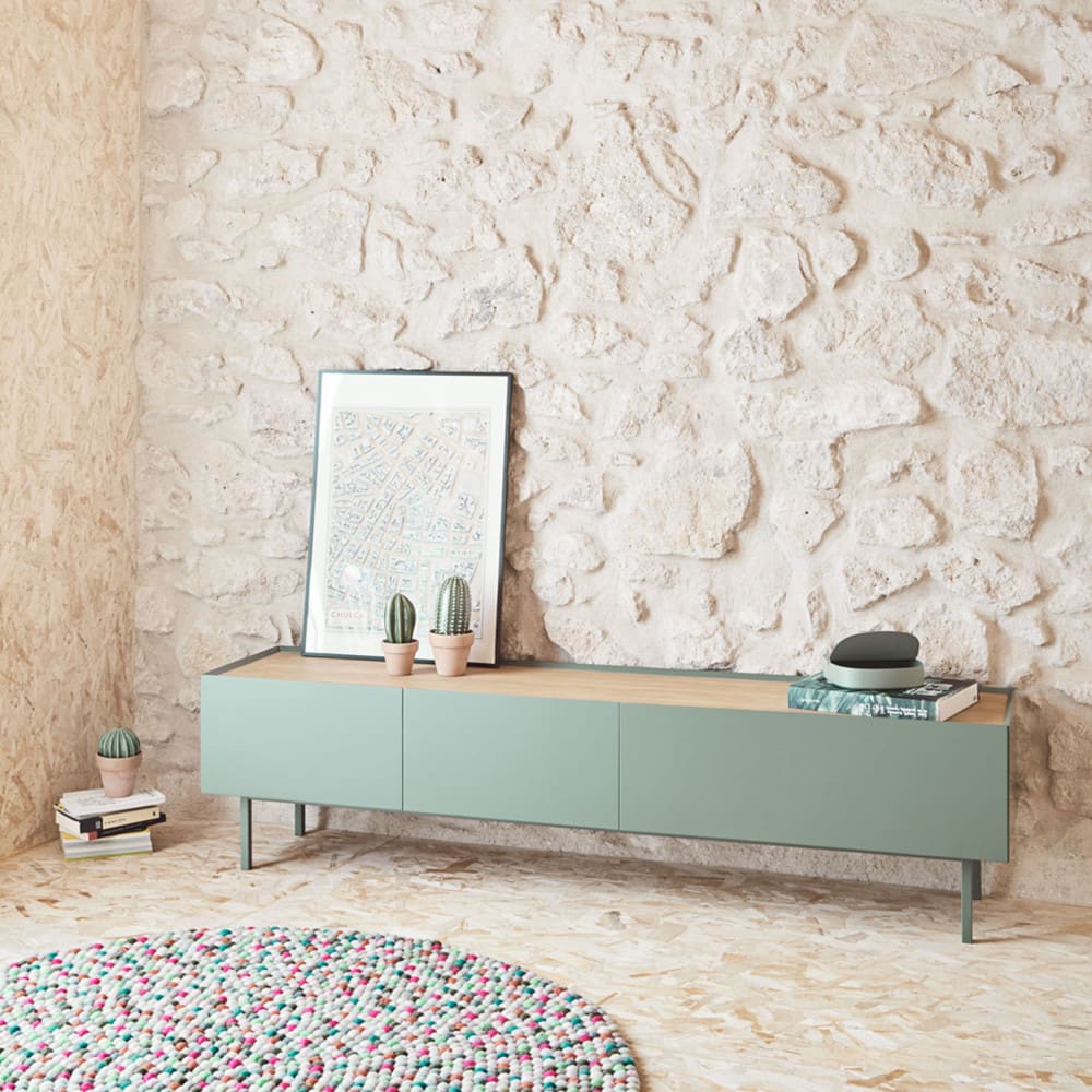 Meuble tv en bois 1 porte 2 tiroirs l180cm - vert amande - Maisons du Monde