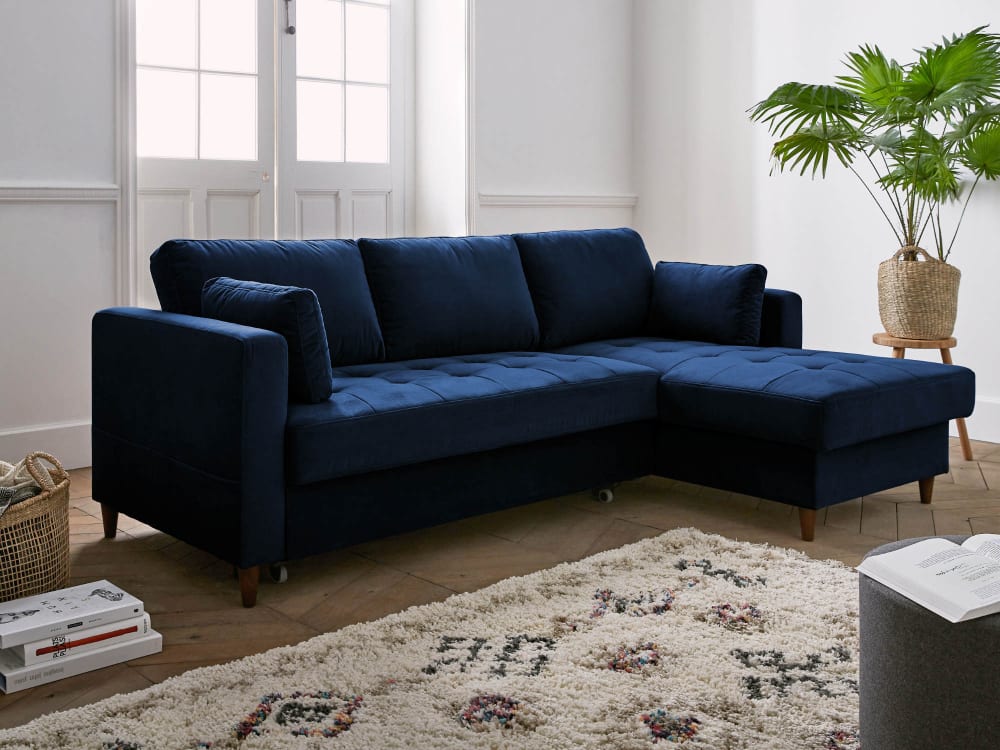 Best Mobilier Anna - canapé d'angle droit - 4 places - convertible avec coffre - en style modern Blau Samt