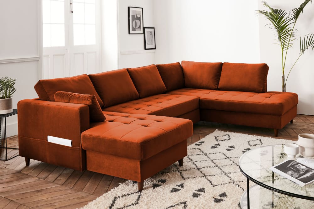 Canapé panoramique 7 places convertible avec coffre en velours rouille - Maisons du Monde