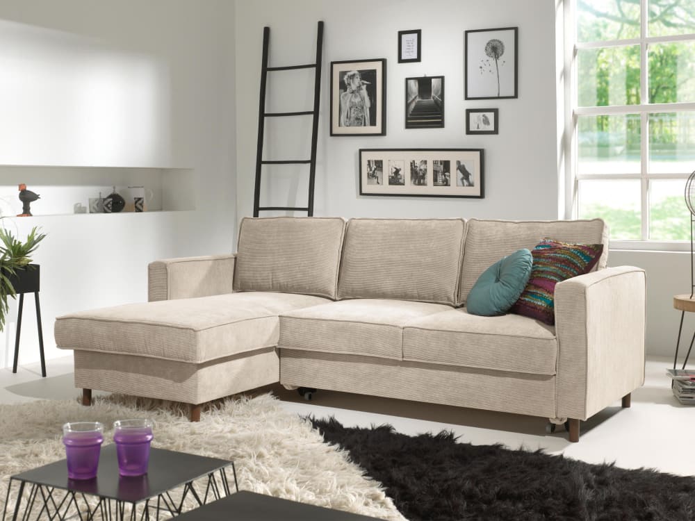 Best Mobilier Canapé d'angle gauche 4 places en velours côtelé beige style contemporain Certifié Oeko-Tex