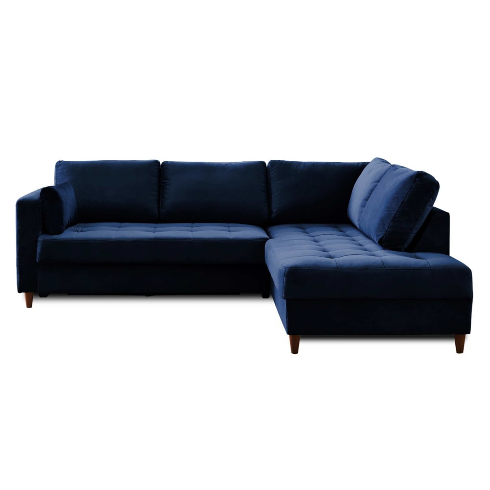 Canap&eacute; d'angle droit convertible 5 places ANNA - Velours Bleu nuit